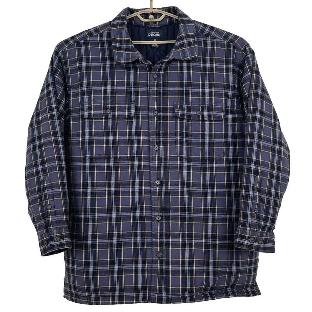 Cherokee Mens Flannel Shirt Jacket XL Blue Plaid Quilted Shacket Y2K Workwear